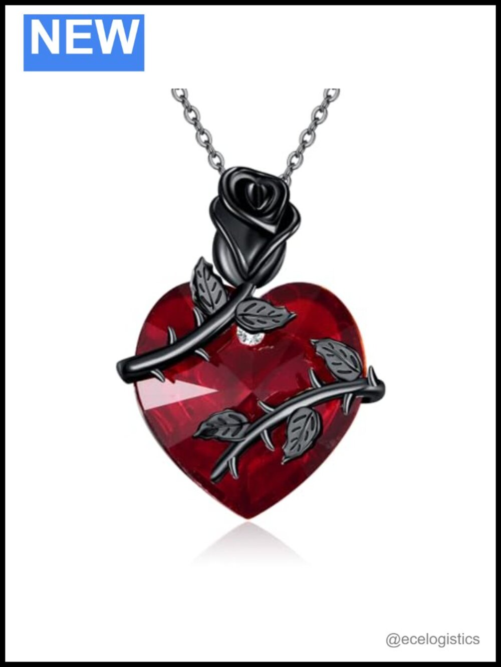 925 Sterling Silver Black Rose Red Heart Pendant Necklace 18+2in Women Jewelry